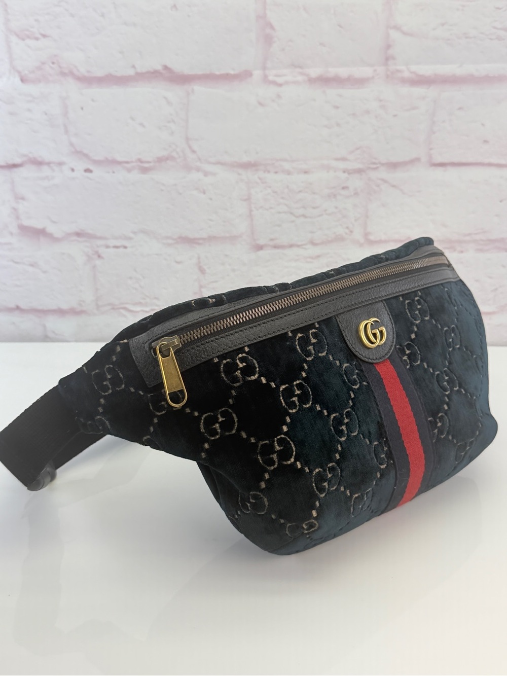 Gucci Black Velvet GG Web Belt Bag with Red Stripe